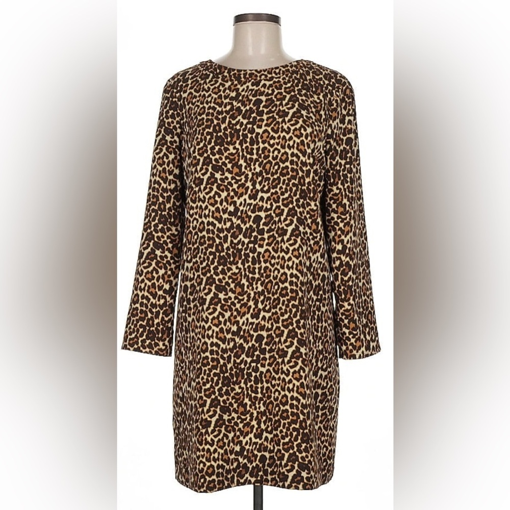 J. CREW Leopard Print Brown Cream Tan Black Long Sleeve Shift Dress (8)